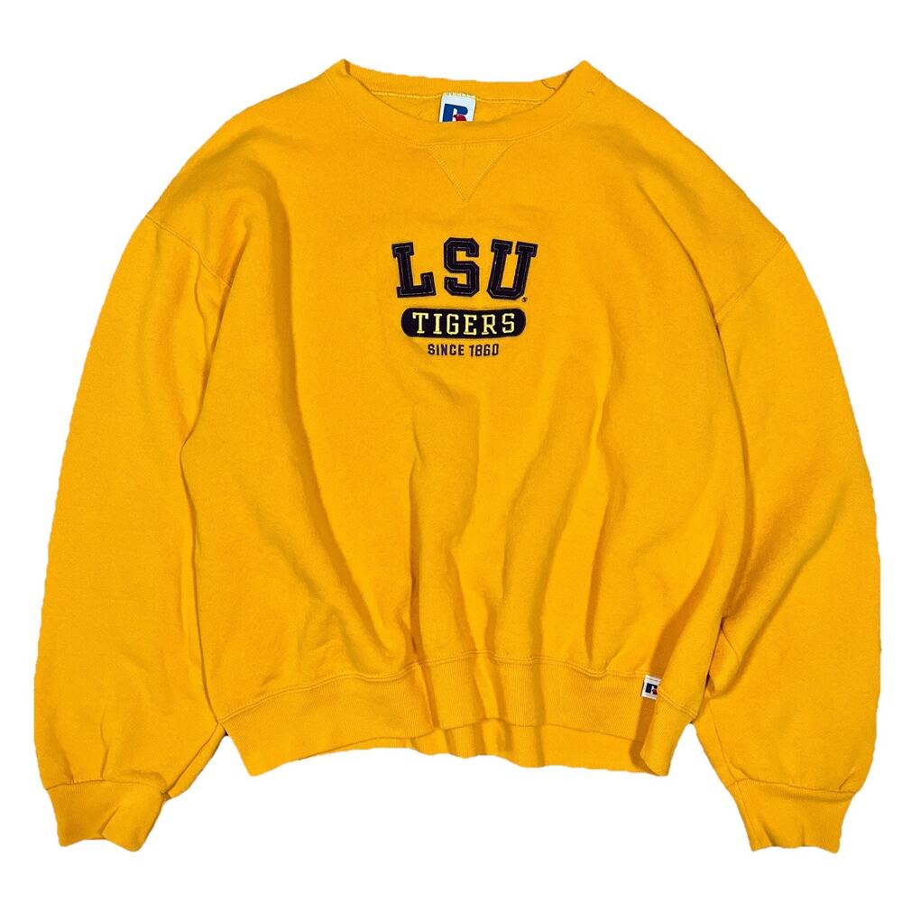Russell Athletic LSU Sweater Large Yellow Embroidered Tigers Spellout Crewneck